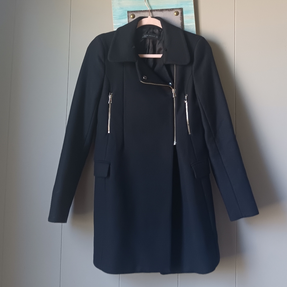 ZARA Women's Size XS Black Asymmetric Zipper Mid Length Coat Moto Jacket…